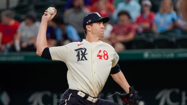 Apr 28, 2023; Arlington, Texas, USA; Texas Rangers starting pitcher Jacob deGrom (48) throws to the plate during the first inning against the New York Yankees at Globe Life Field. Mandatory Credit: Raymond Carlin III-USA TODAY Sports